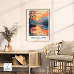Loch Lomond Poster displayed in a stylish living room, showcasing the scenic beauty of Loch Lomond.