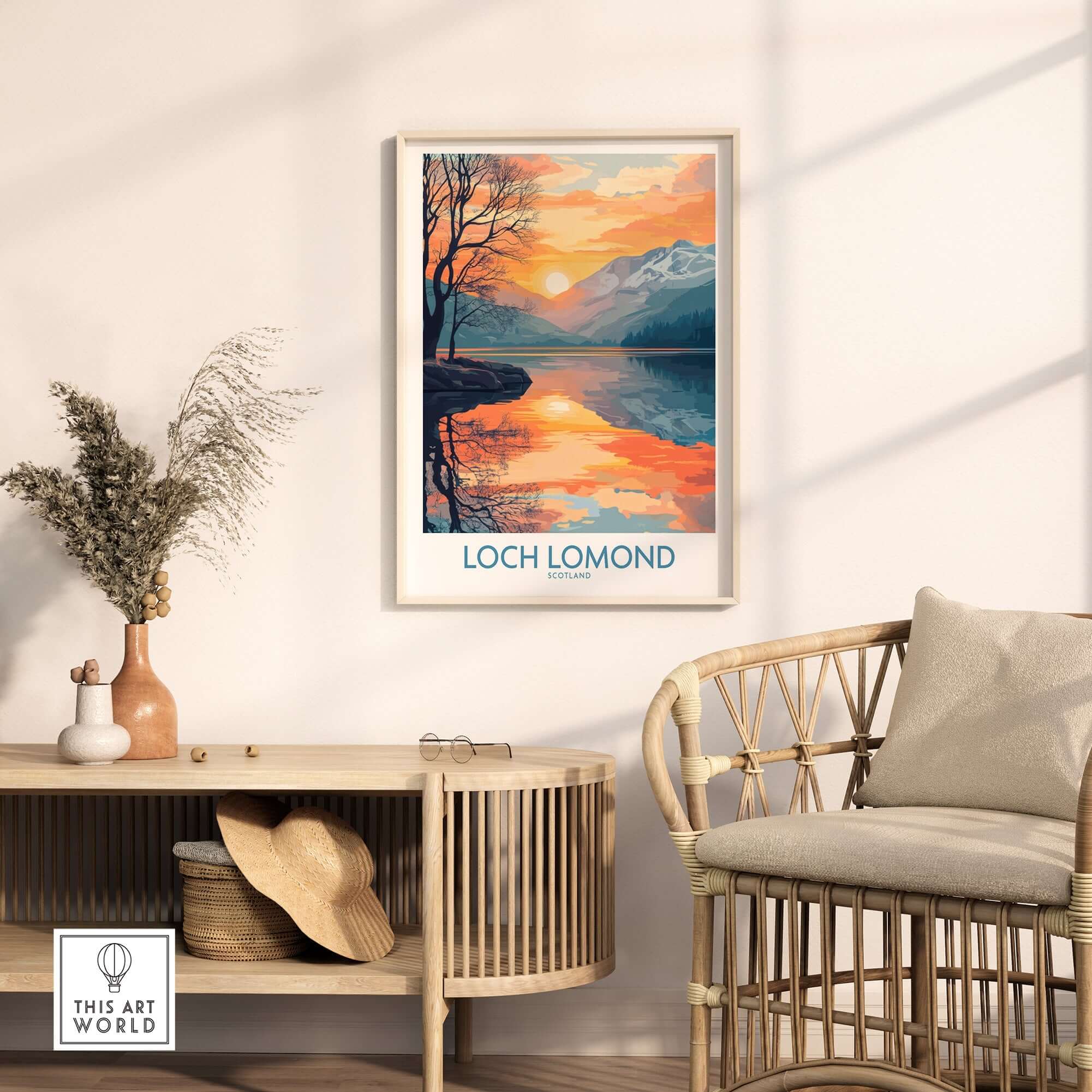 Loch Lomond Poster displayed in a stylish living room, showcasing the scenic beauty of Loch Lomond.