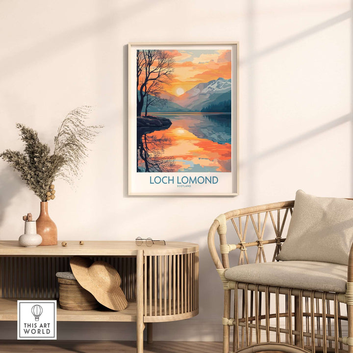 Loch Lomond poster displayed in a stylish living room with natural decor and warm lighting.