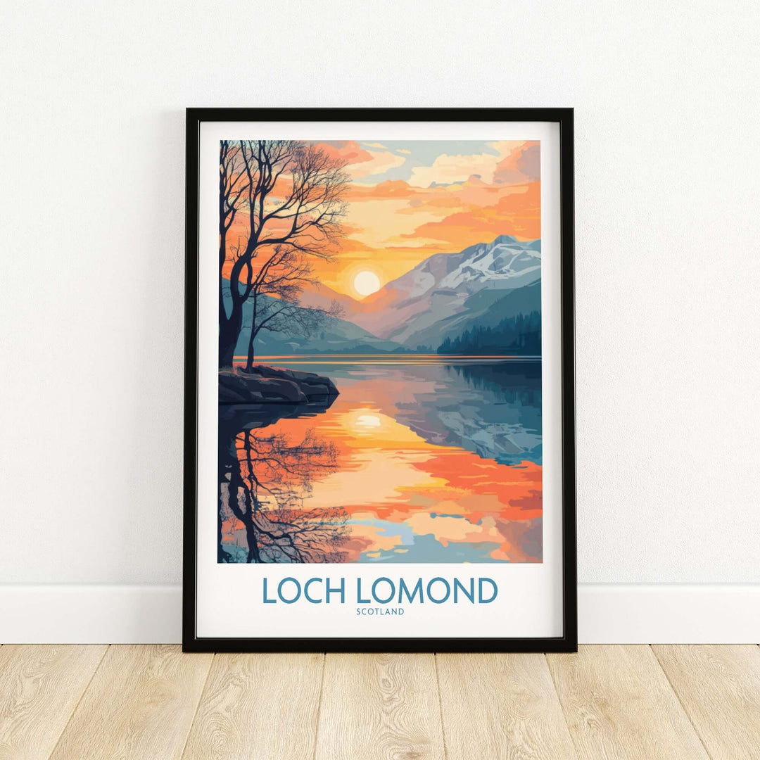 Loch Lomond poster featuring vibrant sunset over scenic Scottish highlands, perfect for home decor.