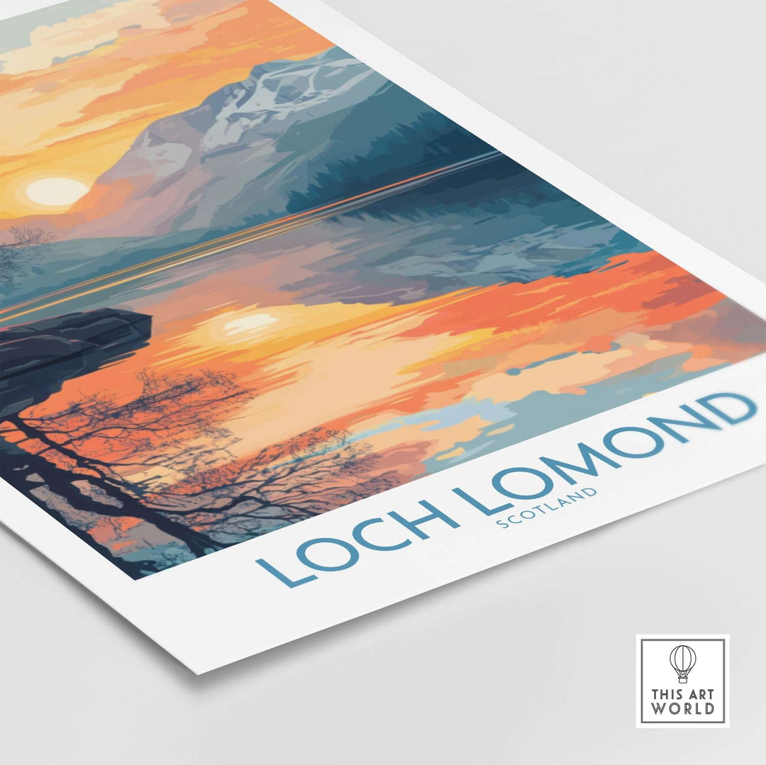 Loch Lomond poster featuring vibrant sunset and scenic mountains, perfect wall art for lovers of Scotland’s beauty.