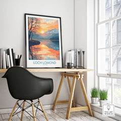 Loch Lomond Poster displayed in a stylish home office, featuring vibrant colors and serene Scottish scenery.