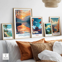 Loch Lomond Poster displayed among other travel-themed art prints in a stylish interior setting.