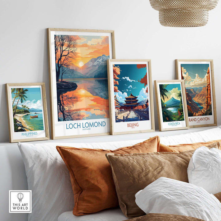 Loch Lomond poster surrounded by travel-themed art prints, showcasing scenic landscapes in a stylish interior setting.