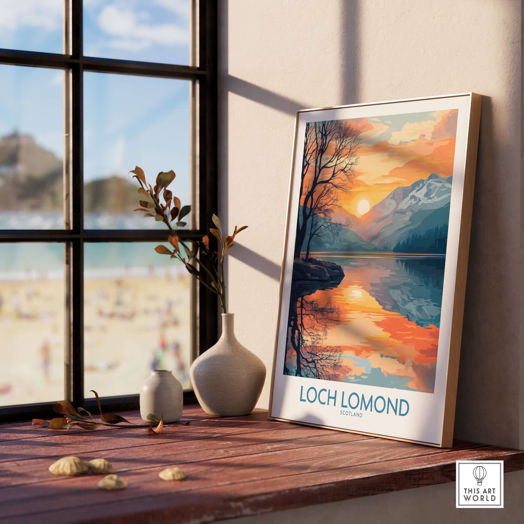 Loch Lomond Poster displaying a stunning sunset by the loch, perfect for home or office decor.