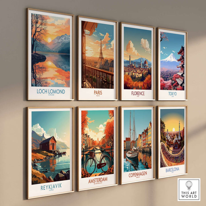 Stunning collection of travel posters featuring Loch Lomond, Paris, Florence, Tokyo, Reykjavik, Amsterdam, Copenhagen, and Barcelona.