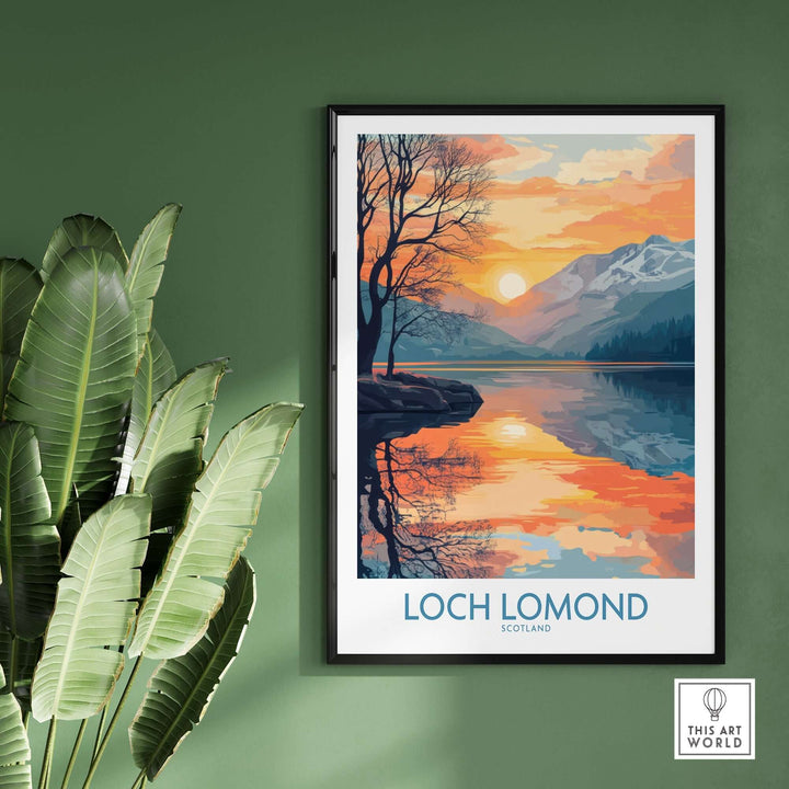 Loch Lomond poster featuring scenic reflections of mountains and trees at sunset, perfect for home or office decor.