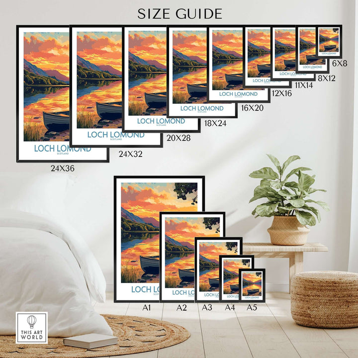 Loch Lomond poster size guide showcasing various frame dimensions with a sunset landscape design. Perfect for decor selection.