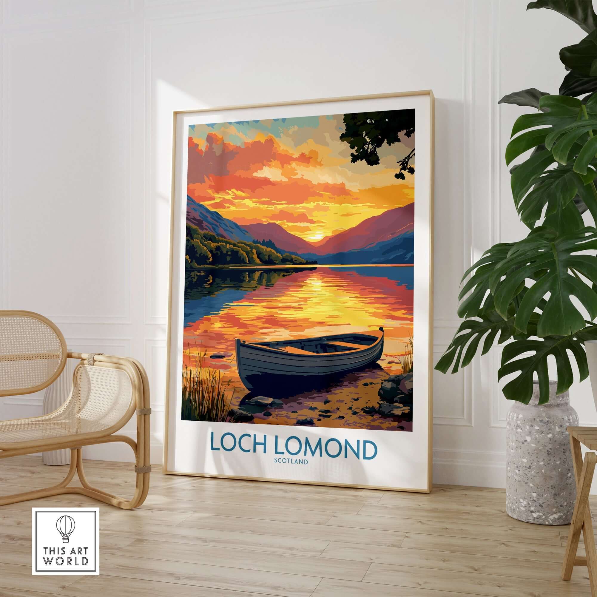 Loch Lomond Poster Scotland showcasing sunset over tranquil waters and a boat, perfect for nature lovers.
