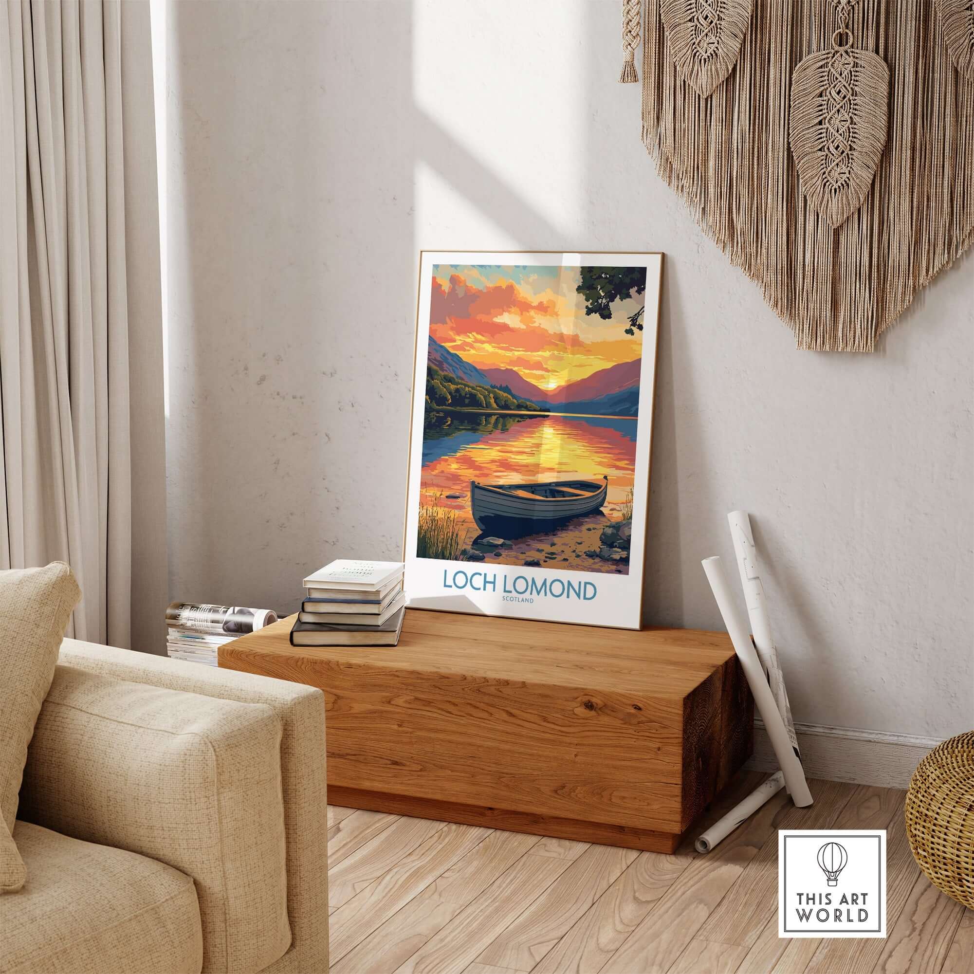 Loch Lomond Poster Scotland displayed in a cozy interior with a serene sunset over the tranquil waters.