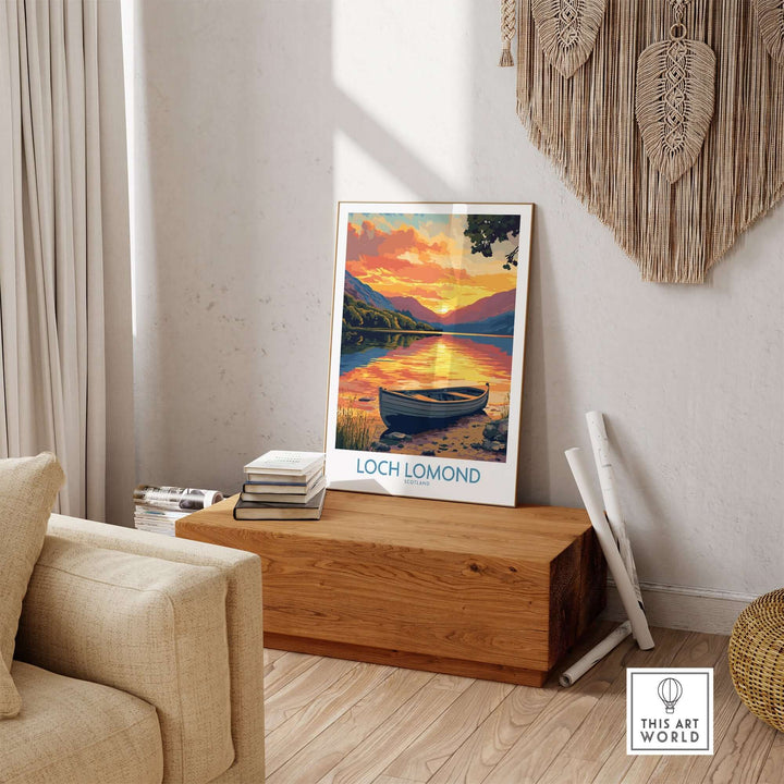 Loch Lomond poster featuring a sunset over tranquil waters, displayed in a cozy living space. Perfect for nature lovers.