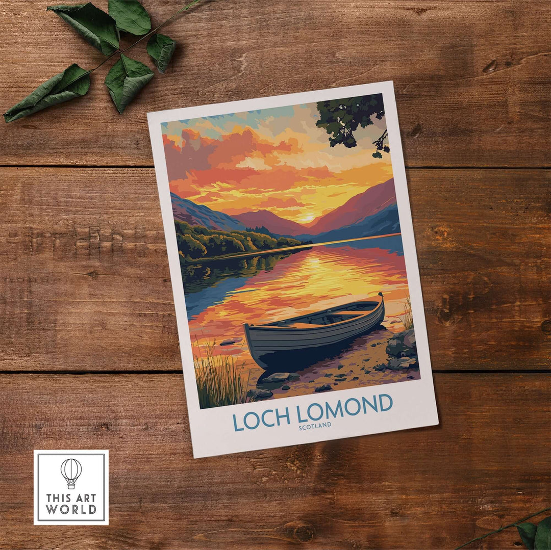 Loch Lomond poster featuring a serene sunset over tranquil waters, perfect for nature lovers and travel enthusiasts.