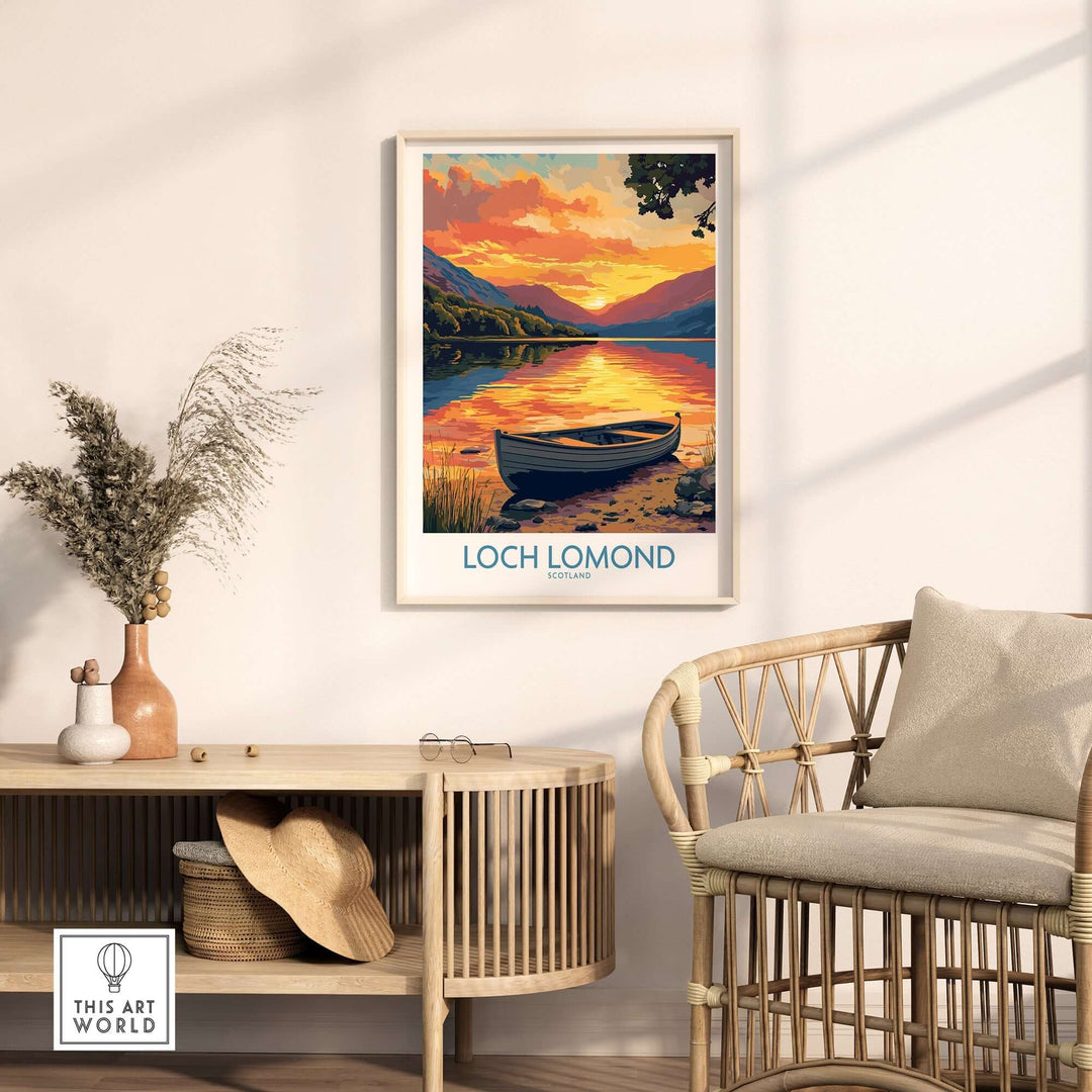 Loch Lomond poster featuring a sunset over tranquil waters, displayed in a cozy interior setting with a rattan chair.