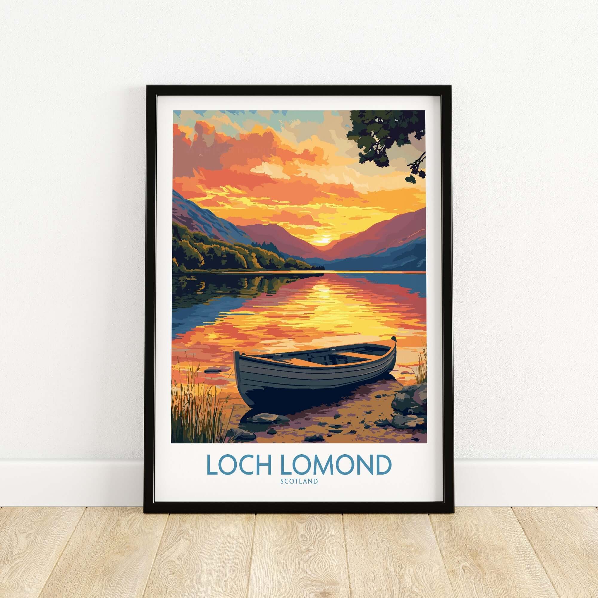 Loch Lomond Poster Scotland showcasing a sunset over tranquil waters with a boat in the foreground.