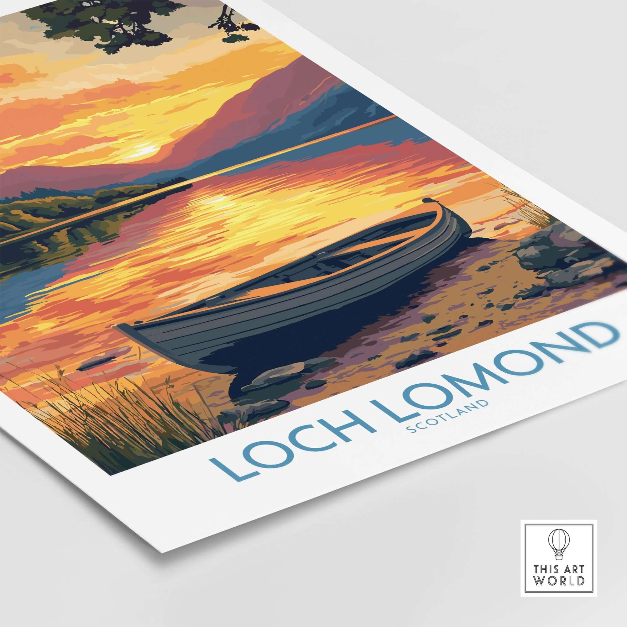 Loch Lomond Poster Scotland showcasing a serene sunset over tranquil waters and a small boat.