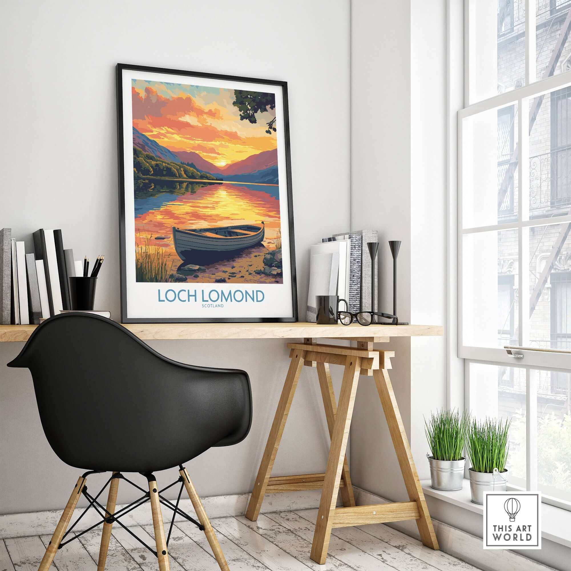 Loch Lomond Poster Scotland displayed in a modern workspace, capturing a serene sunset over tranquil waters.