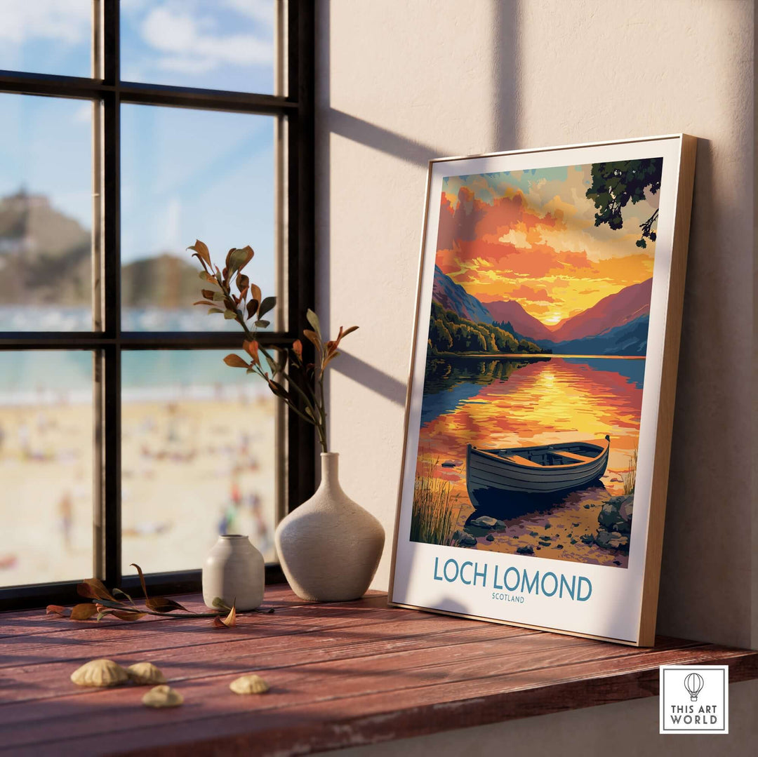 Loch Lomond poster showcasing a sunset over tranquil waters, adding serene beauty to any space. Perfect for nature lovers.