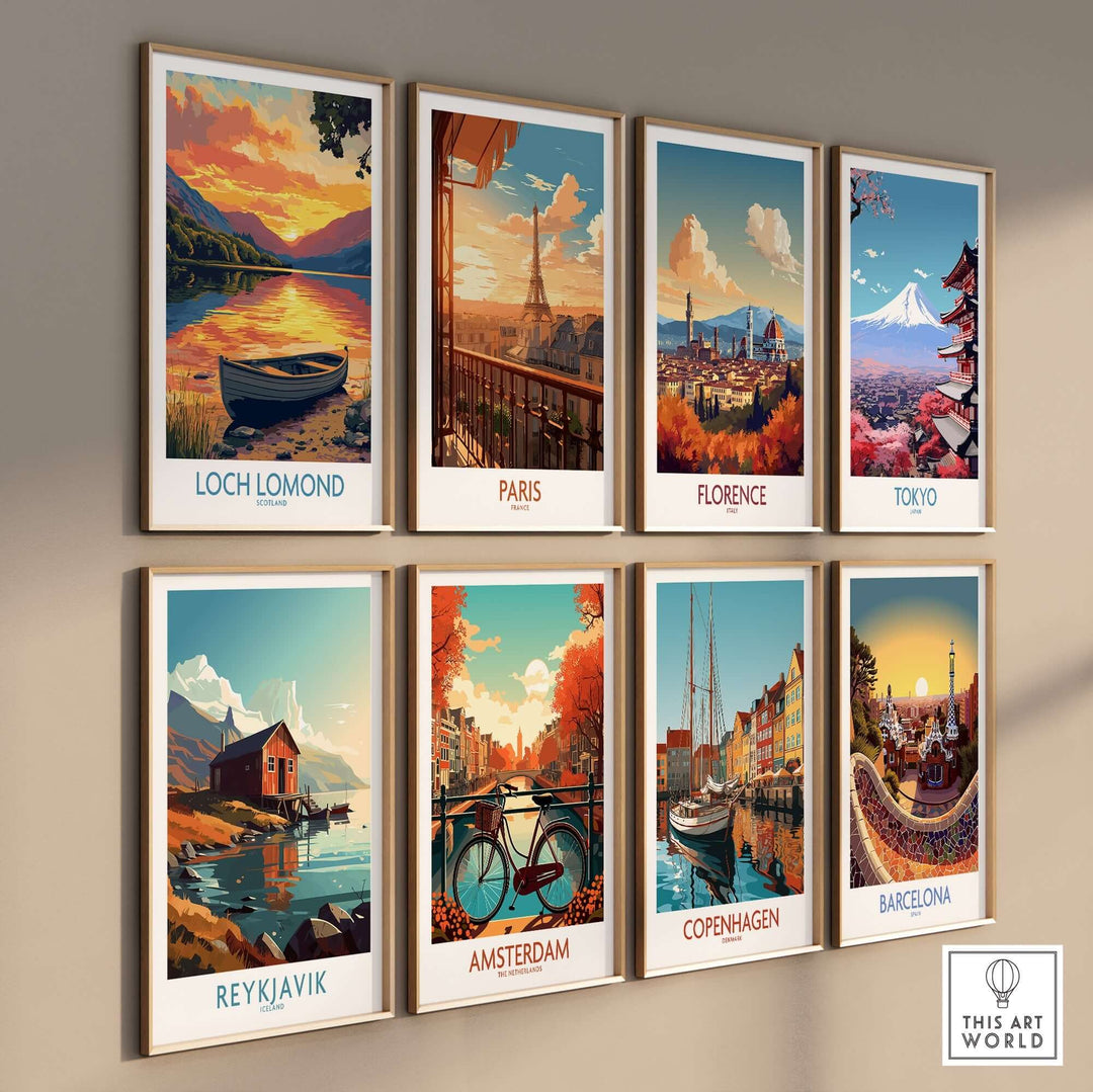 Loch Lomond poster and various city posters displayed on a wall, showcasing scenic travel destinations.