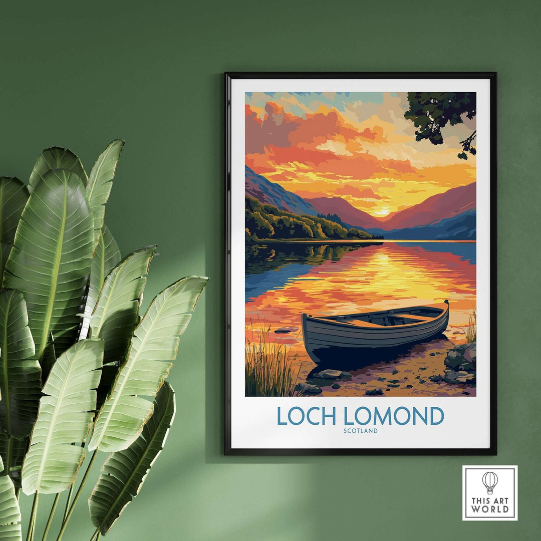 Loch Lomond poster featuring a vibrant sunset and tranquil waters, perfect for nature lovers and inspired by Scotland's beauty.