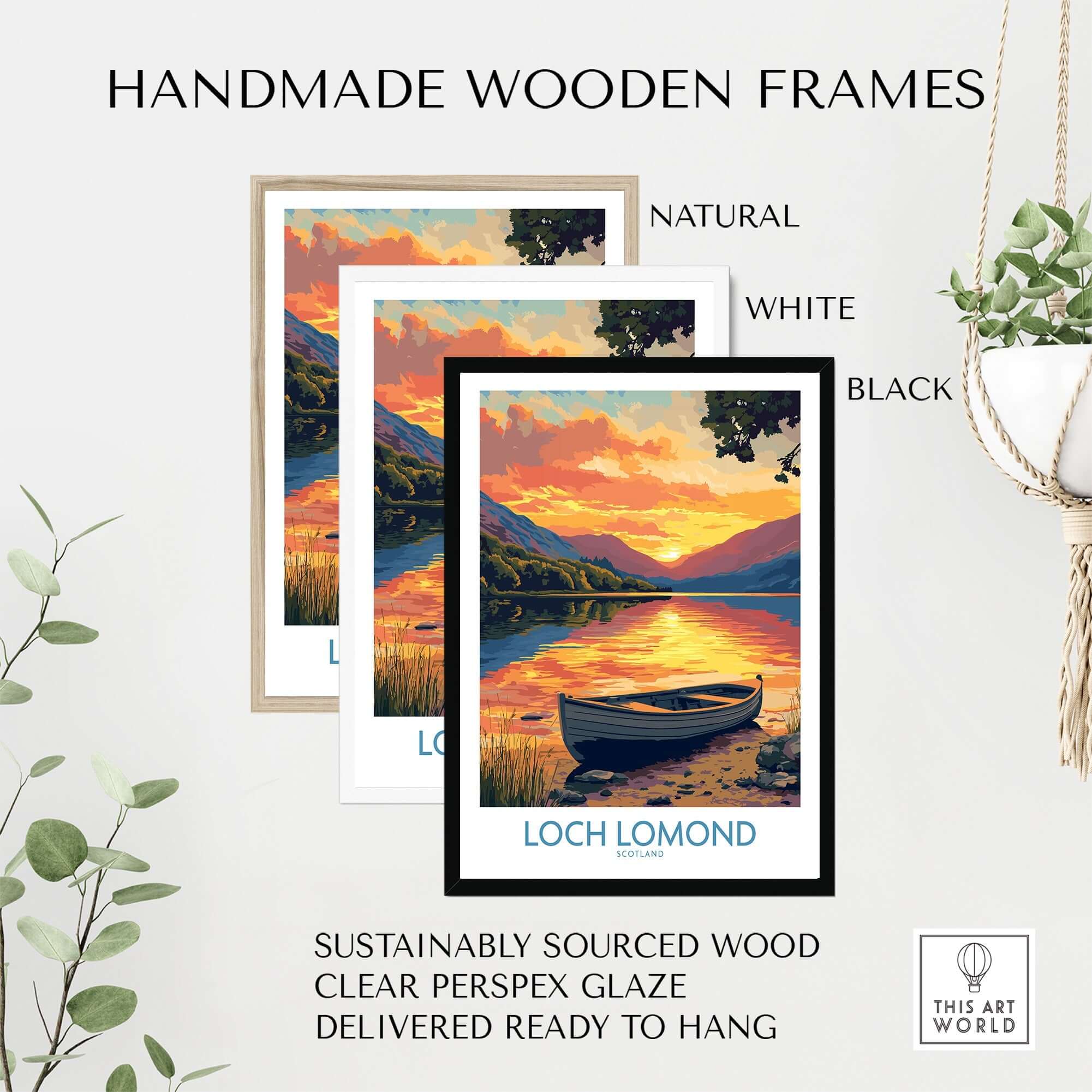 Loch Lomond Poster Scotland featuring handmade wooden frames in natural, white, and black finishes.