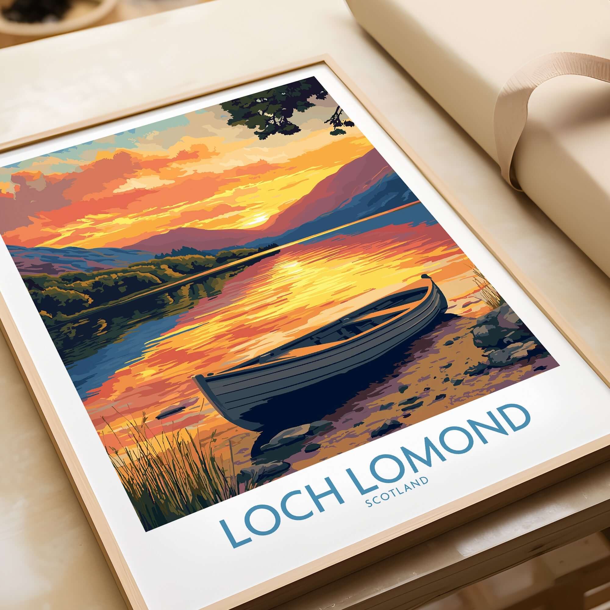 Loch Lomond Poster Scotland featuring a sunset over tranquil waters, perfect for nature lovers and travel enthusiasts.