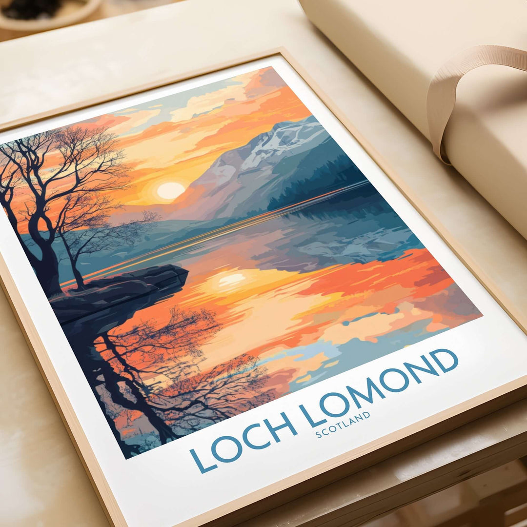 Loch Lomond poster showcasing a vibrant sunset over Scottish highlands, perfect for home or office decor.