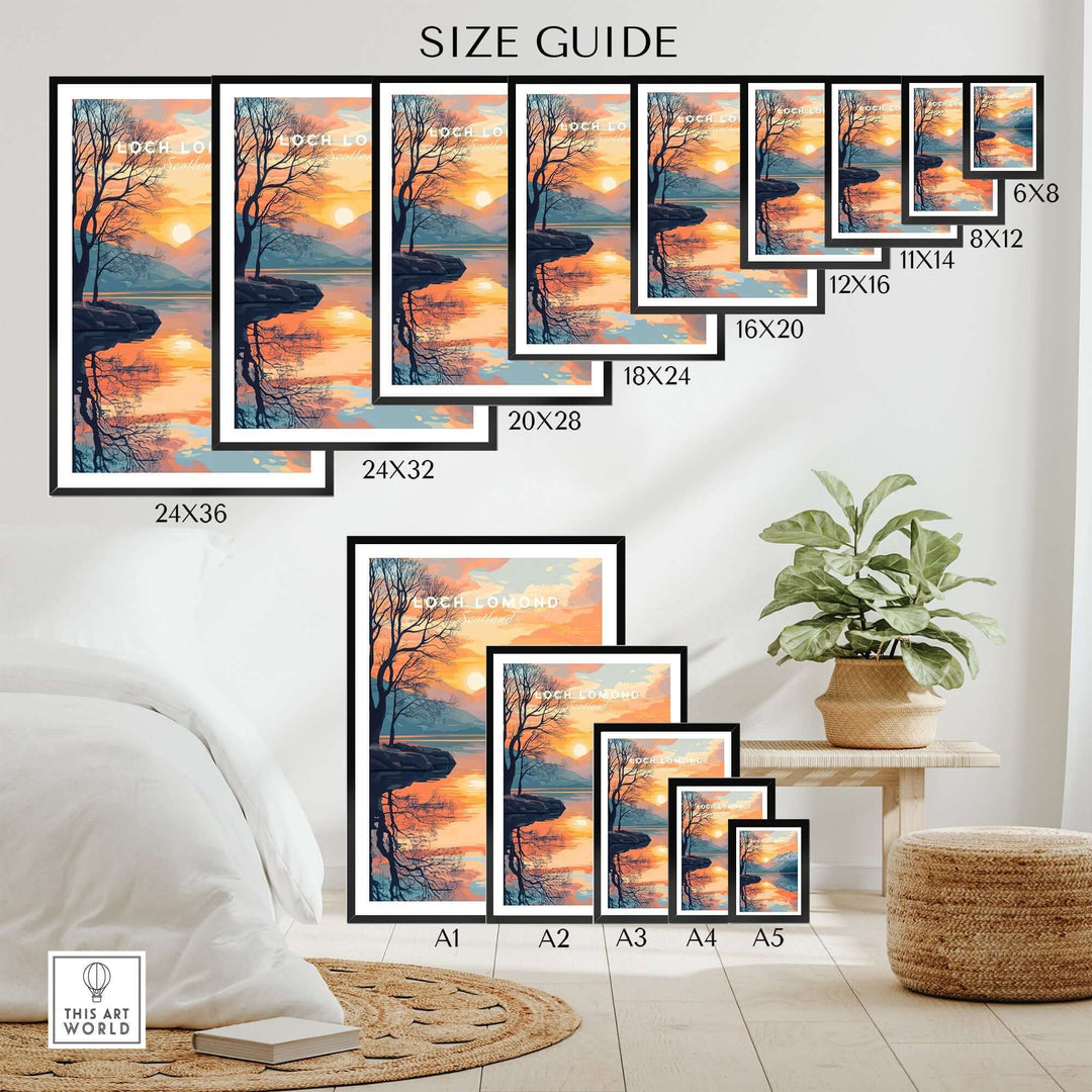 Loch Lomond Print size guide displaying various frame dimensions and designs in a cozy home setting.