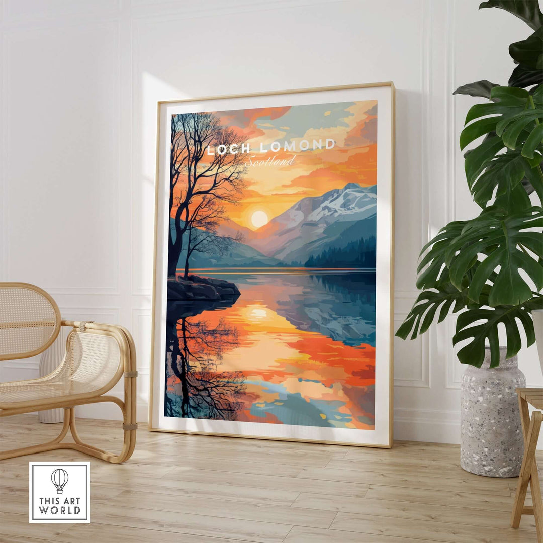 Loch Lomond print showcasing vibrant sunset colors and scenic landscapes, perfect for nature lovers and home decor.