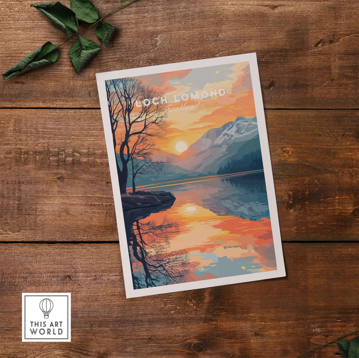 Loch Lomond print featuring vibrant colors and serene Scottish landscapes, perfect for nature lovers and home decor.