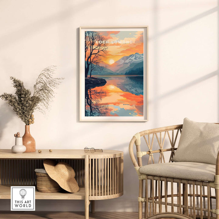 Loch Lomond Print featuring vibrant colors and stunning landscapes in a stylish interior setting. Perfect for nature lovers.