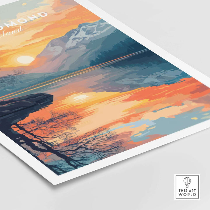 Loch Lomond print showcasing vibrant sunset colors and intricate details of Scotland's natural beauty. Perfect decor for nature lovers.