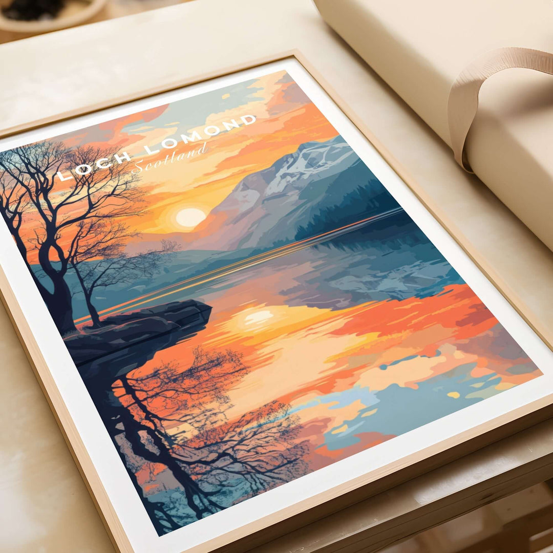 Loch Lomond print featuring vibrant sunset colors and detailed landscapes of Scotland's natural beauty. Perfect for decor.