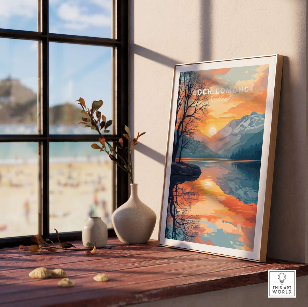 Loch Lomond print displayed on a windowsill, capturing Scotland's scenic beauty with vibrant colors and tranquil reflections.