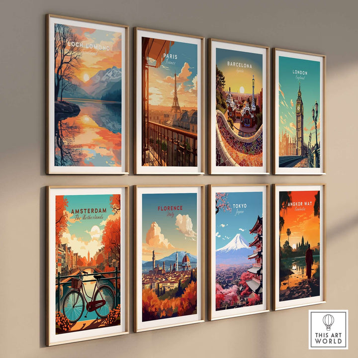 Colorful travel prints including Loch Lomond, Paris, Barcelona, and more, beautifully displayed on a wall.