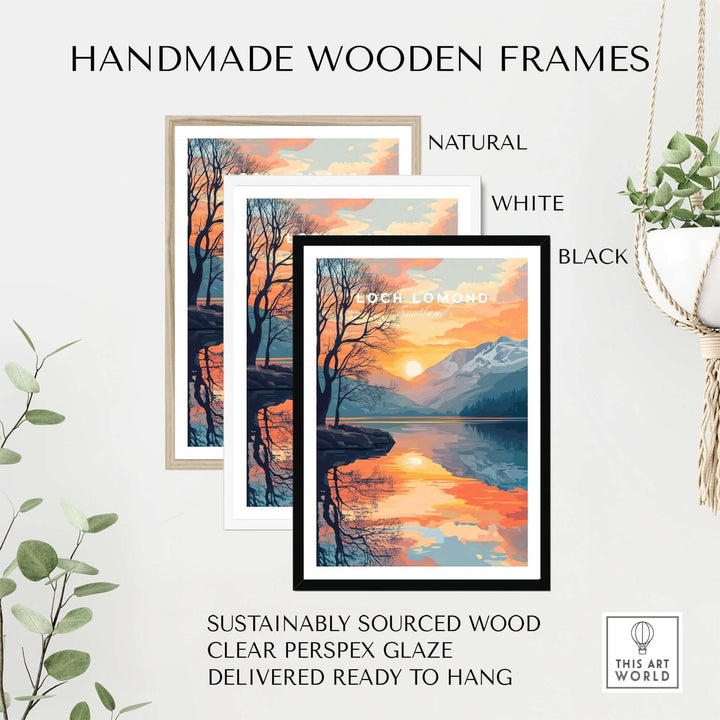 Handmade wooden frames in natural, white, and black for Loch Lomond print, made from sustainably sourced wood.