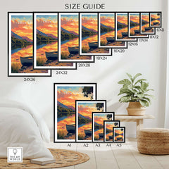 Loch Lomond Print Scotland size guide with various frame sizes and vibrant sunset over the water.