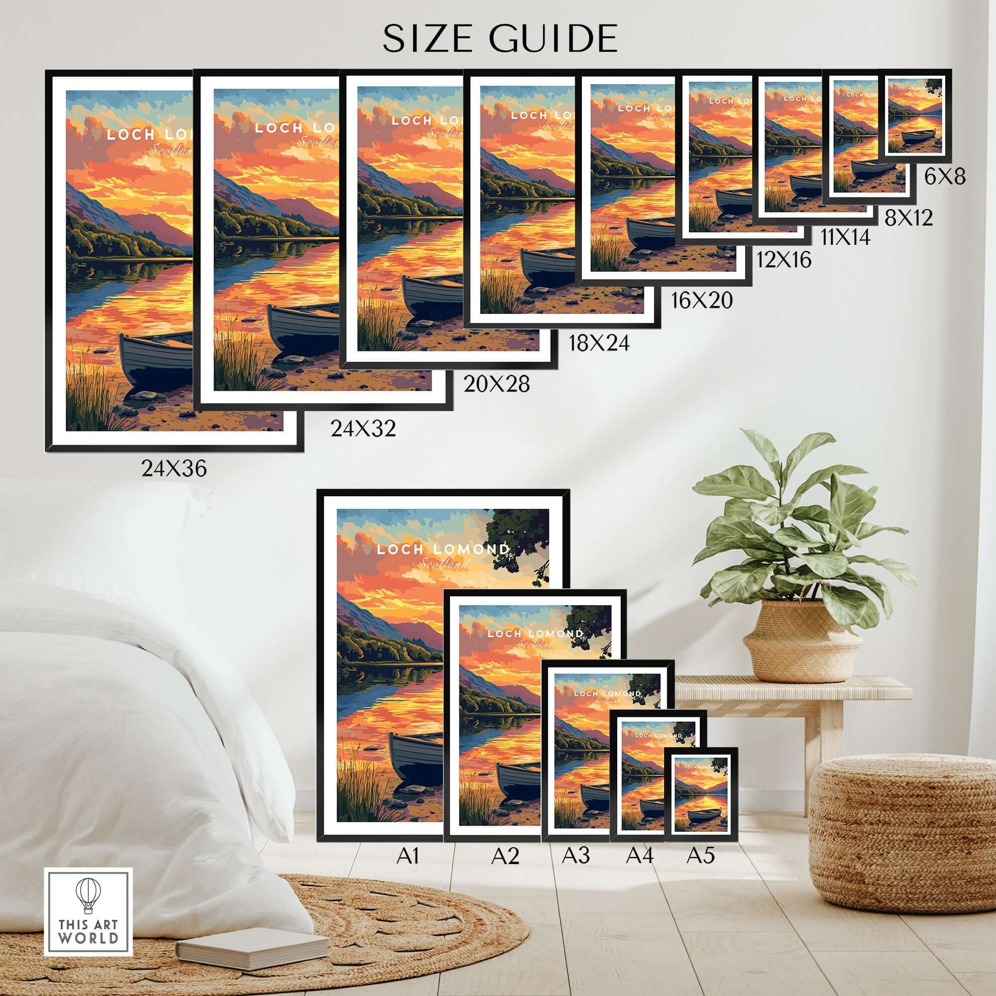 Loch Lomond Print Scotland size guide with various frame sizes and vibrant sunset over the water.