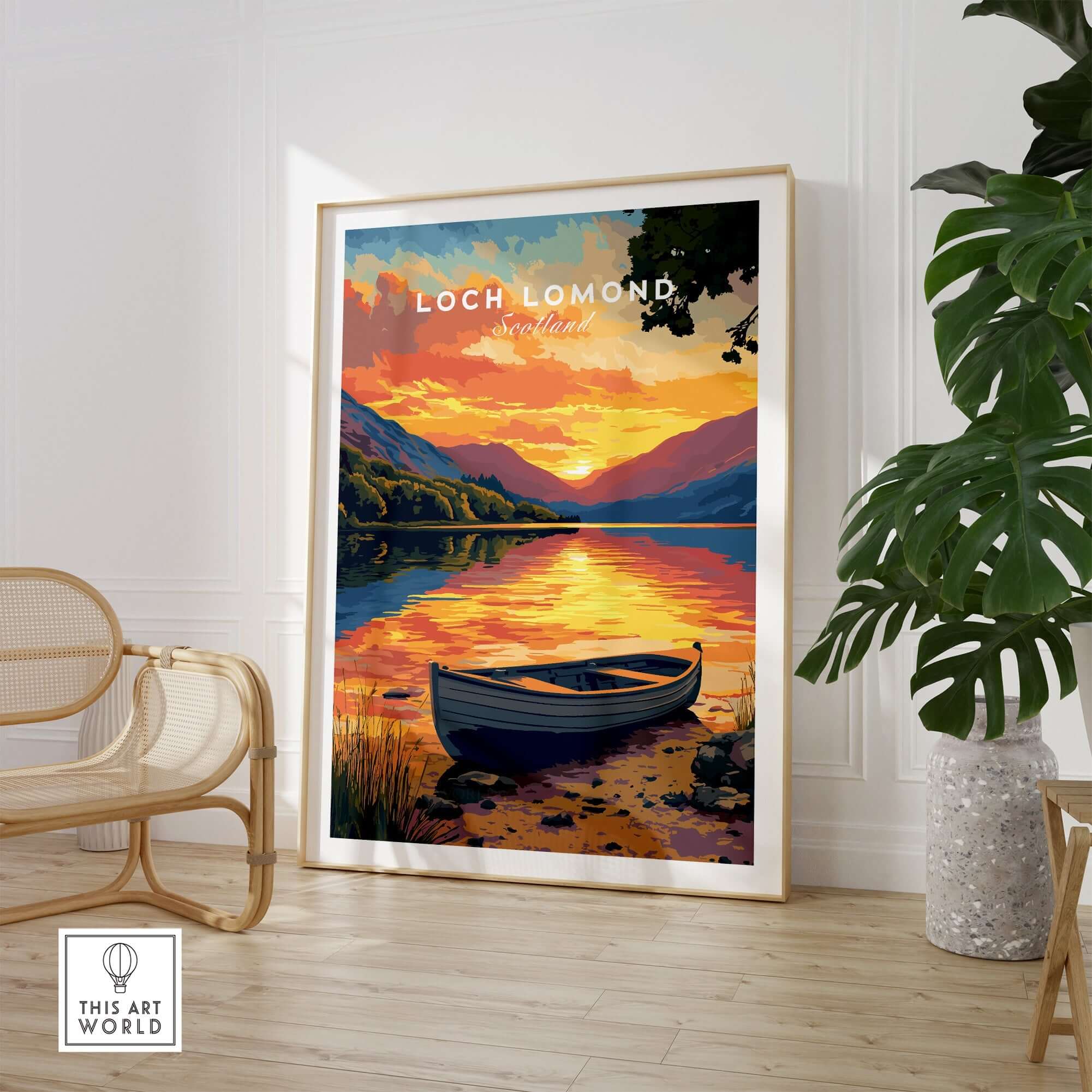 Loch Lomond Print Scotland showcasing a vibrant sunset over tranquil waters in the Scottish Highlands.