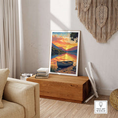 Loch Lomond Print Scotland displayed in a cozy living room with sunset over tranquil waters.