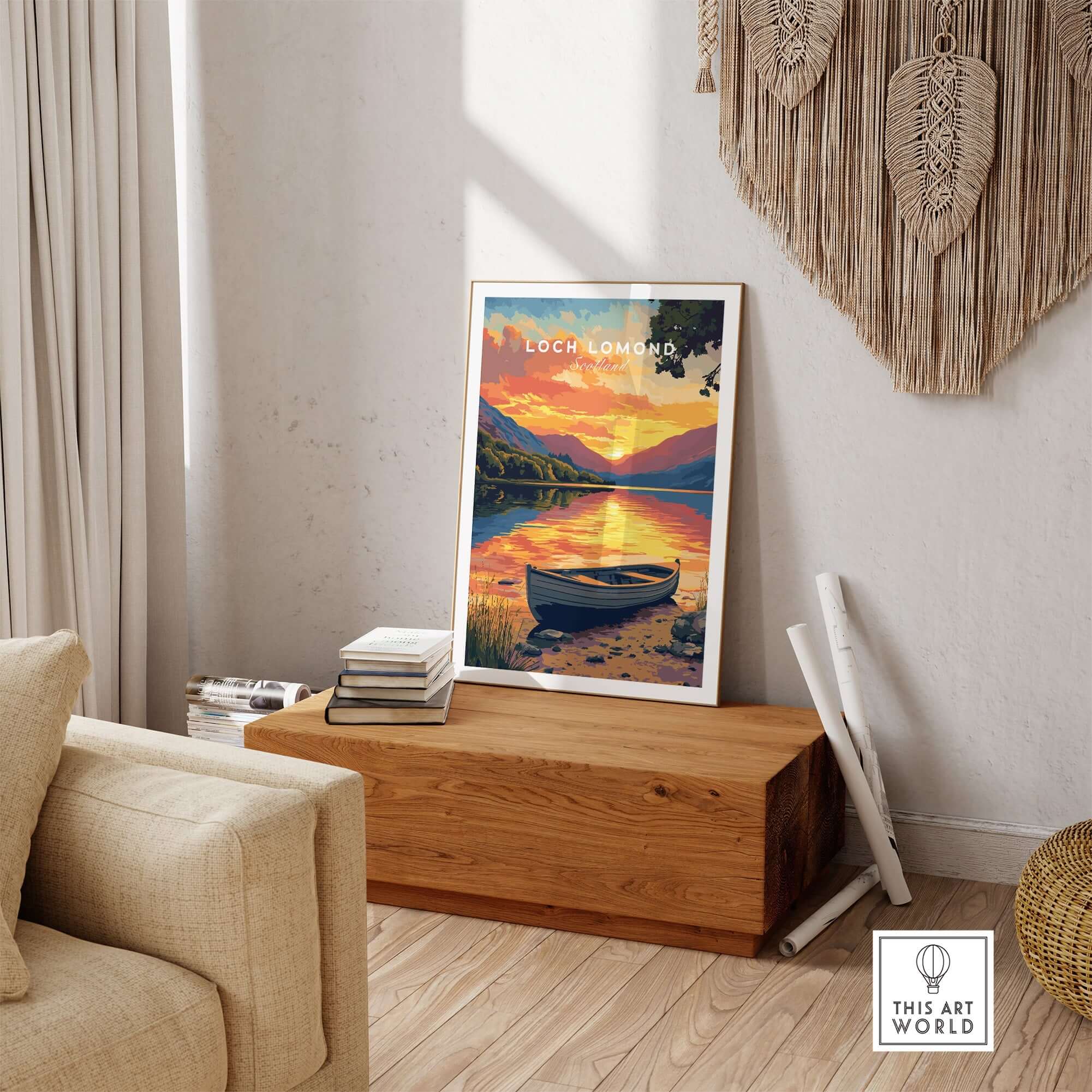 Loch Lomond Print Scotland displayed in a cozy living room with sunset over tranquil waters.