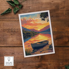 Loch Lomond Print Scotland featuring a sunset over the tranquil waters and serene landscape of Loch Lomond.