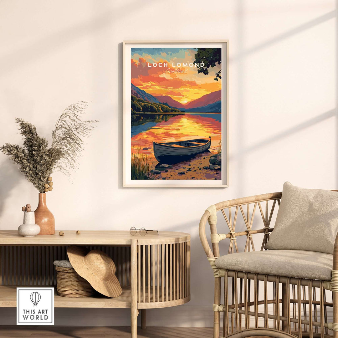 Loch Lomond Print showcasing a vibrant sunset over tranquil waters, perfect for home decor and lovers of Scottish landscapes.