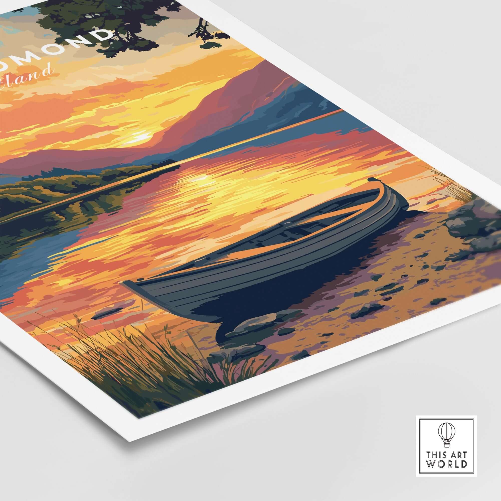 Loch Lomond Print Scotland featuring a vibrant sunset over tranquil waters in the Scottish Highlands.