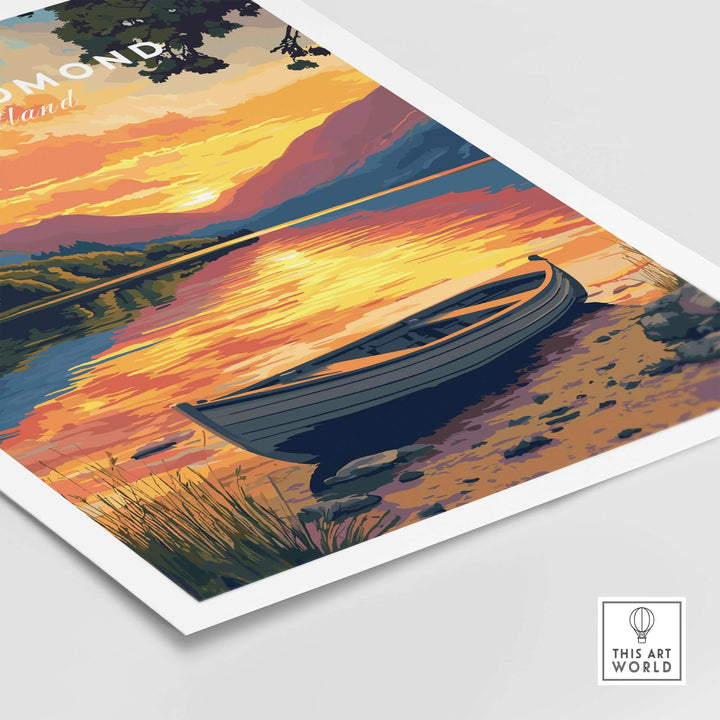 Loch Lomond print showcasing a vibrant sunset over tranquil waters and a boat, highlighting Scotland's natural beauty.