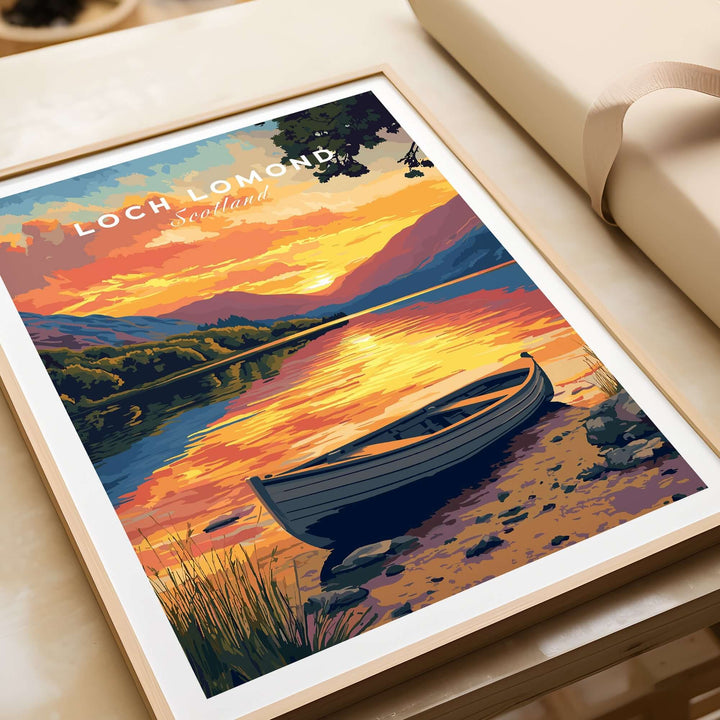 Loch Lomond print featuring a vibrant sunset over tranquil waters and a boat, capturing the beauty of Scotland.