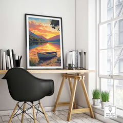 Loch Lomond Print Scotland displayed in a stylish home office with a sunset over tranquil waters.