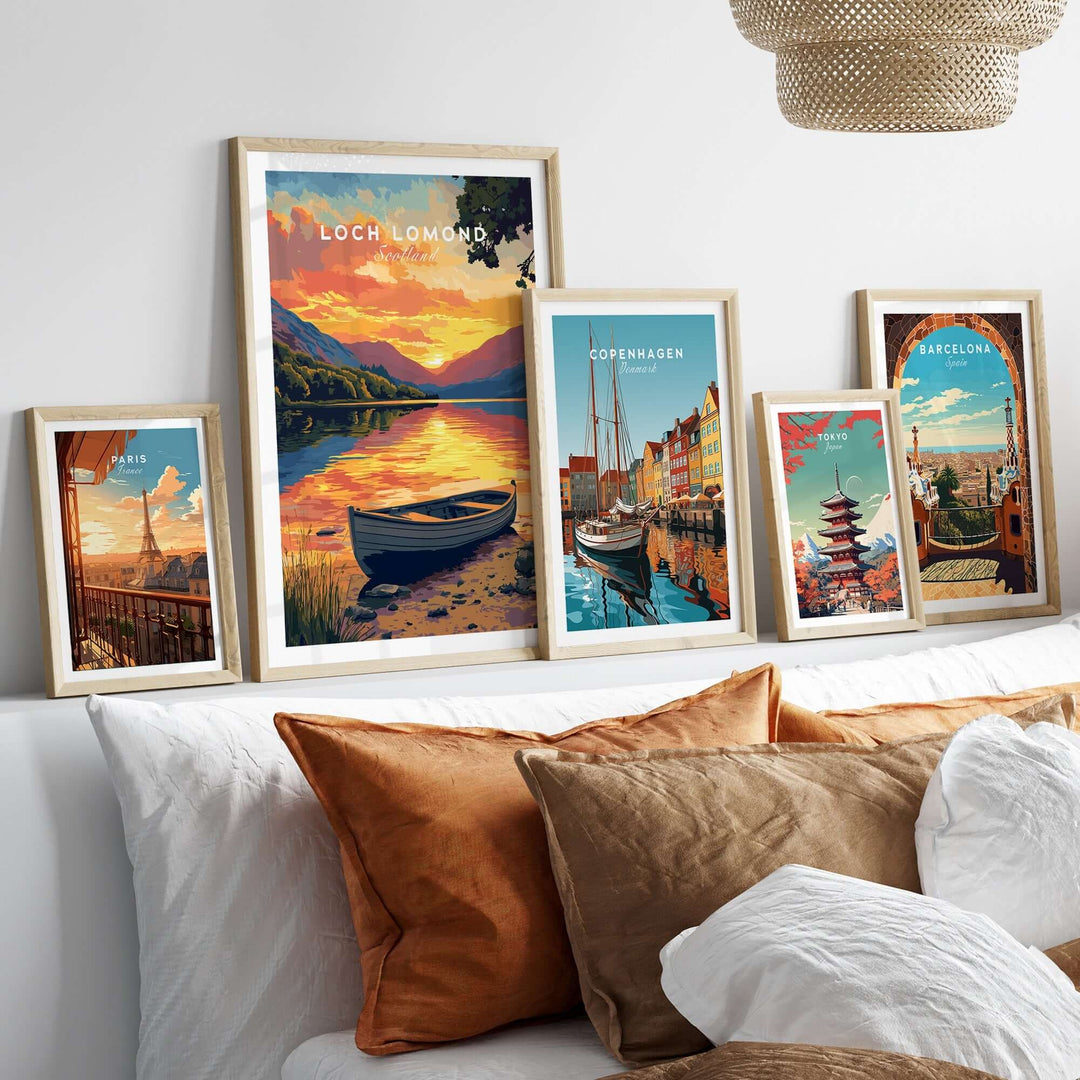 Framed Loch Lomond Print and travel art in a cozy living room setting with decorative pillows.