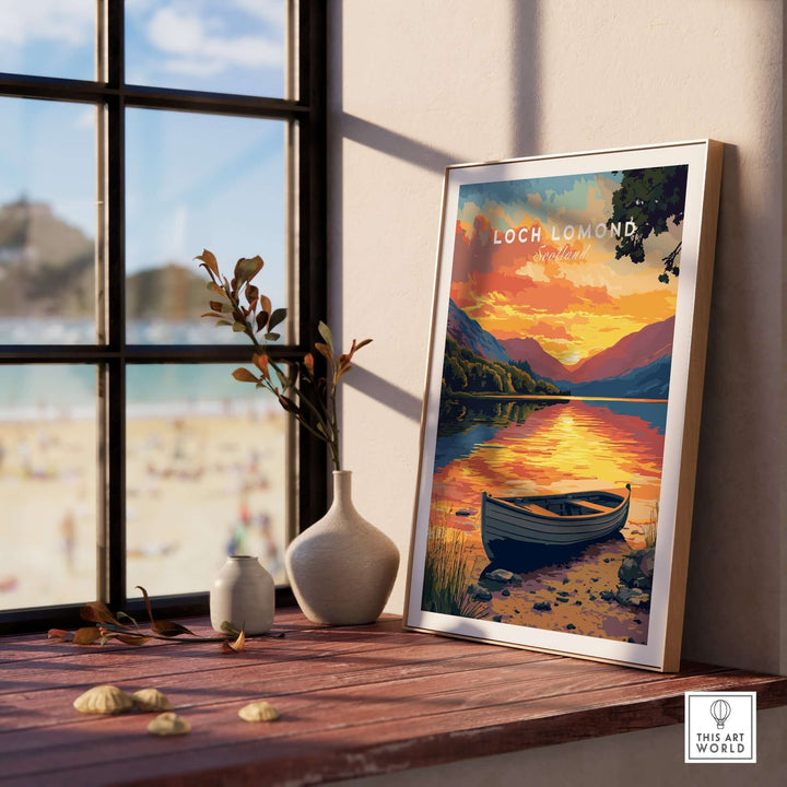 Loch Lomond print featuring a sunset over tranquil waters, displayed in a cozy room setting.