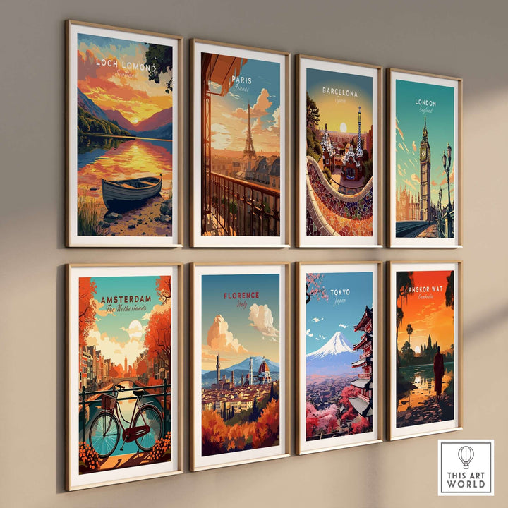 Colorful travel prints including Loch Lomond, Paris, Barcelona, and more, showcasing iconic landscapes and cityscapes.