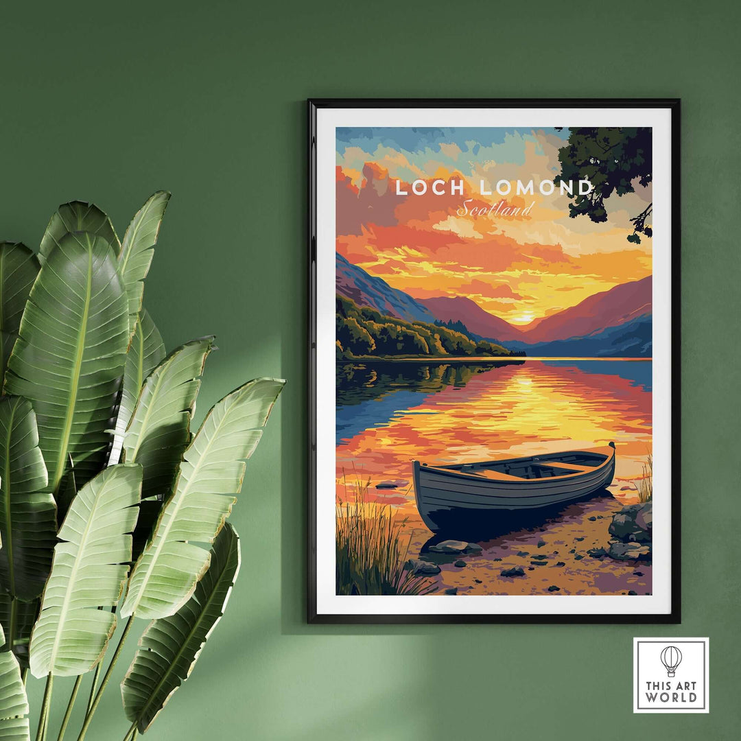 Loch Lomond print featuring a vibrant sunset over tranquil waters, perfect for showcasing Scottish landscapes in your home.